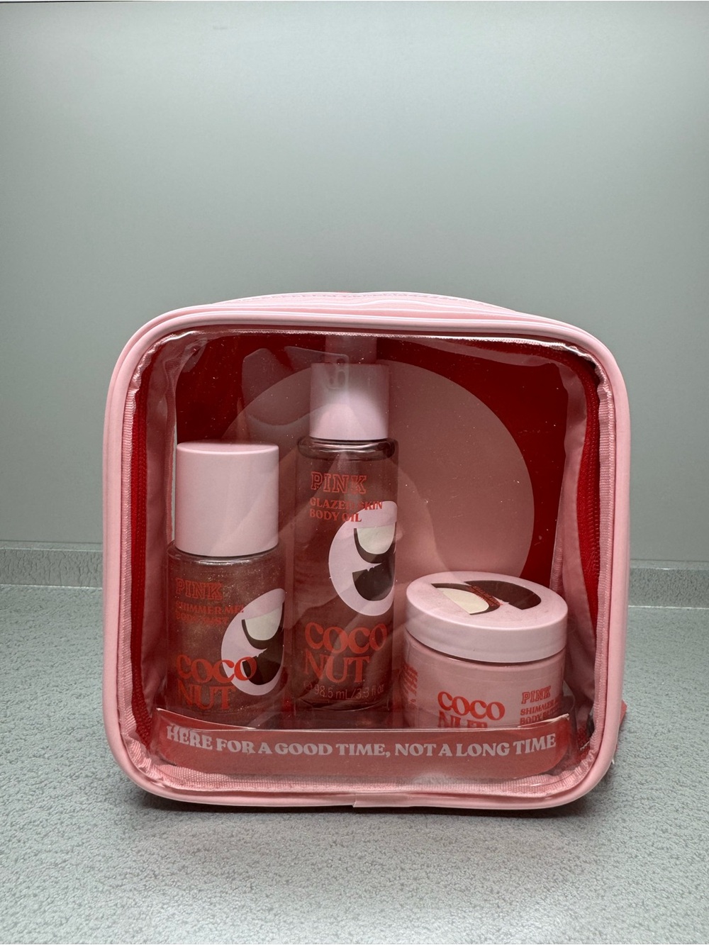 Victoria’s Secret PINK CocoNUT Body Oil + Balm Set in Light Pink Travel Pouch